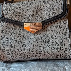 GUESS Monogram Satchel in Cream and Navy